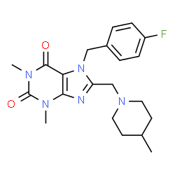 ChemSpider 2D Image | 7-(4-Fluorobenzyl)-1,3-dimethyl-8-[(4-methyl-1-piperidinyl)methyl]-3,7-dihydro-1H-purine-2,6-dione | C21H26FN5O2