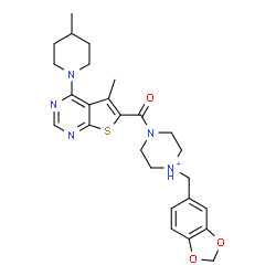 ChemSpider 2D Image | 1-(1,3-Benzodioxol-5-ylmethyl)-4-{[5-methyl-4-(4-methyl-1-piperidinyl)thieno[2,3-d]pyrimidin-6-yl]carbonyl}piperazin-1-ium | C26H32N5O3S
