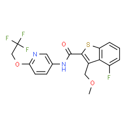 ChemSpider 2D Image | 4-Fluoro-3-(methoxymethyl)-N-[6-(2,2,2-trifluoroethoxy)-3-pyridinyl]-1-benzothiophene-2-carboxamide | C18H14F4N2O3S