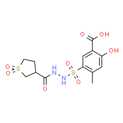 ChemSpider 2D Image | 5-({2-[(1,1-Dioxidotetrahydro-3-thiophenyl)carbonyl]hydrazino}sulfonyl)-2-hydroxy-4-methylbenzoic acid | C13H16N2O8S2