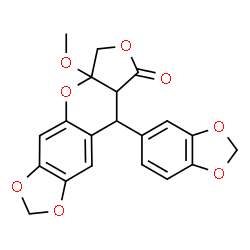 ChemSpider 2D Image | 9-(1,3-Benzodioxol-5-yl)-5a-methoxy-5a,6,8a,9-tetrahydro-8H-[1,3]dioxolo[4,5-g]furo[3,4-b]chromen-8-one | C20H16O8