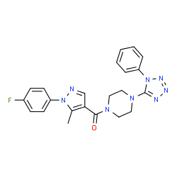 ChemSpider 2D Image | [1-(4-Fluorophenyl)-5-methyl-1H-pyrazol-4-yl][4-(1-phenyl-1H-tetrazol-5-yl)-1-piperazinyl]methanone | C22H21FN8O