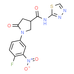 ChemSpider 2D Image | 1-(4-Fluoro-3-nitrophenyl)-5-oxo-N-(1,3,4-thiadiazol-2-yl)-3-pyrrolidinecarboxamide | C13H10FN5O4S