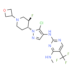 ChemSpider 2D Image | N2-{5-chloro-1-[(3R,4R)-3-fluoro-1-(oxetan-3-yl)piperidin-4-yl]pyrazol-4-yl}-N4-methyl-5-(trifluoromethyl)pyrimidine-2,4-diamine | C17H20ClF4N7O