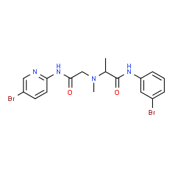 ChemSpider 2D Image | N-(3-Bromophenyl)-N~2~-{2-[(5-bromo-2-pyridinyl)amino]-2-oxoethyl}-N~2~-methylalaninamide | C17H18Br2N4O2