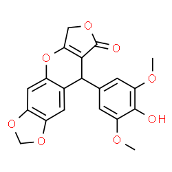 ChemSpider 2D Image | 9-(4-Hydroxy-3,5-dimethoxyphenyl)-6,9-dihydro-8H-[1,3]dioxolo[4,5-g]furo[3,4-b]chromen-8-one | C20H16O8