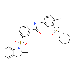 ChemSpider 2D Image | 3-[(2-Methyl-2,3-dihydro-1H-indol-1-yl)sulfonyl]-N-[4-methyl-3-(1-piperidinylsulfonyl)phenyl]benzamide | C28H31N3O5S2
