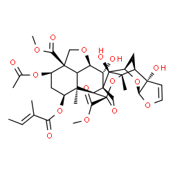 ChemSpider 2D Image | Dimethyl (1S,2S,3R,5S,9S,10S,11S,13R,14S,15S,16S,18R,19R,22R,23R)-18-acetoxy-2,9,23-trihydroxy-11,15-dimethyl-16-{[(2E)-2-methyl-2-butenoyl]oxy}-4,6,12,21,25-pentaoxaoctacyclo[11.10.2.1~3,10~.1~15,19~
.0~1,14~.0~2,11~.0~5,9~.0~22,26~]heptacos-7-ene-13,19-dicarboxylate | C35H44O16