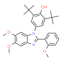 ChemSpider 2D Image | 4-[5,6-Dimethoxy-2-(2-methoxyphenyl)-1H-benzimidazol-1-yl]-2,6-bis(2-methyl-2-propanyl)phenol | C30H36N2O4