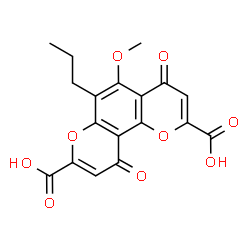 ChemSpider 2D Image | 5-Methoxy-4,10-dioxo-6-propyl-4H,10H-pyrano[2,3-f]chromene-2,8-dicarboxylic acid | C18H14O9