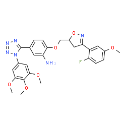 ChemSpider 2D Image | 2-{[3-(2-Fluoro-5-methoxyphenyl)-4,5-dihydro-1,2-oxazol-5-yl]methoxy}-5-[1-(3,4,5-trimethoxyphenyl)-1H-tetrazol-5-yl]aniline | C27H27FN6O6