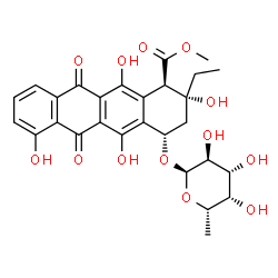ChemSpider 2D Image | Methyl (1R,2R,4S)-4-[(6-deoxy-alpha-L-galactopyranosyl)oxy]-2-ethyl-2,5,7,12-tetrahydroxy-6,11-dioxo-1,2,3,4,6,11-hexahydro-1-tetracenecarboxylate | C28H30O13