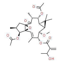 ChemSpider 2D Image | (1R,3R,4R,5R,7S,8R,9R,10E,12S,13S,14S)-4,13-Diacetoxy-8-methoxy-3,6,6,10,14-pentamethyl-2-oxo-16-oxatetracyclo[10.3.1.0~1,12~.0~5,7~]hexadec-10-en-9-yl 3-hydroxy-2-methylenebutanoate | C30H42O10