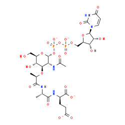 ChemSpider 2D Image | (2R)-2-{[(2S)-2-{[(2R)-2-{[(2R,3R,4R,5S,6R)-3-Acetamido-2-({[({[(2R,3S,4R,5R)-5-(2,4-dioxo-3,4-dihydro-1(2H)-pyrimidinyl)-3,4-dihydroxytetrahydro-2-furanyl]methoxy}phosphinato)oxy]phosphinato}oxy)-5-h
ydroxy-6-(hydroxymethyl)tetrahydro-2H-pyran-4-yl]oxy}propanoyl]amino}propanoyl]amino}pentanedioate (non-preferred name) | C28H39N5O23P2