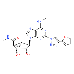 ChemSpider 2D Image | (2R,3S,4R,5S)-4-{2-[4-(2-Furyl)-1H-1,2,3-triazol-1-yl]-6-(methylamino)-9H-purin-9-yl}-2,3-dihydroxy-N-methylbicyclo[3.1.0]hexane-1-carboxamide | C20H21N9O4