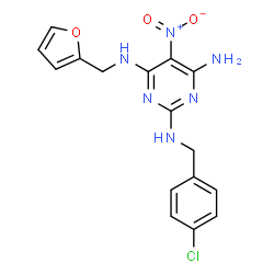 ChemSpider 2D Image | N~2~-(4-Chlorobenzyl)-N~4~-(2-furylmethyl)-5-nitro-2,4,6-pyrimidinetriamine | C16H15ClN6O3