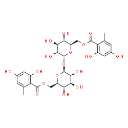 ChemSpider 2D Image | 6-O-(2,4-Dihydroxy-6-methylbenzoyl)-beta-D-glucopyranosyl 6-O-(2,4-dihydroxy-6-methylbenzoyl)-alpha-D-glucopyranoside | C28H34O17