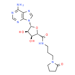 ChemSpider 2D Image | (2S,3S,4R,5R)-5-(6-Amino-9H-purin-9-yl)-3,4-dihydroxy-N-[3-(2-oxo-1-pyrrolidinyl)propyl]tetrahydro-2-furancarboxamide (non-preferred name) | C17H23N7O5
