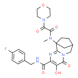 ChemSpider 2D Image | N-(4-Fluorobenzyl)-5-hydroxy-1-{methyl[4-morpholinyl(oxo)acetyl]amino}-6-oxo-3,7-diazatricyclo[7.2.1.0~2,7~]dodeca-2,4-diene-4-carboxamide | C25H28FN5O6