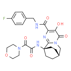 ChemSpider 2D Image | (1r,9r)-N-(4-Fluorobenzyl)-5-hydroxy-1-{[4-morpholinyl(oxo)acetyl]amino}-6-oxo-3,7-diazatricyclo[7.2.2.0~2,7~]trideca-2,4-diene-4-carboxamide | C25H28FN5O6