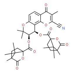 ChemSpider 2D Image | (9R,10R)-2-Cyano-3,8,8-trimethyl-4-oxo-9,10-dihydro-4H,8H-pyrano[2,3-f]chromene-9,10-diyl bis(4,7,7-trimethyl-3-oxo-2-oxabicyclo[2.2.1]heptane-1-carboxylate) | C36H39NO11