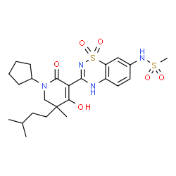 ChemSpider 2D Image | N-{3-[1-Cyclopentyl-4-hydroxy-5-methyl-5-(3-methylbutyl)-2-oxo-1,2,5,6-tetrahydro-3-pyridinyl]-1,1-dioxido-4H-1,2,4-benzothiadiazin-7-yl}methanesulfonamide | C24H34N4O6S2