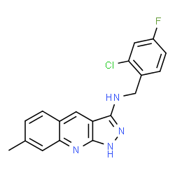 ChemSpider 2D Image | N-(2-Chloro-4-fluorobenzyl)-7-methyl-1H-pyrazolo[3,4-b]quinolin-3-amine | C18H14ClFN4