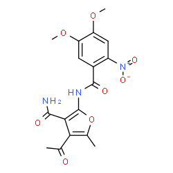 ChemSpider 2D Image | 4-Acetyl-2-[(4,5-dimethoxy-2-nitrobenzoyl)amino]-5-methyl-3-furamide | C17H17N3O8