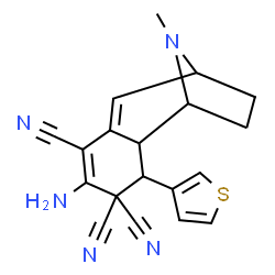 ChemSpider 2D Image | 5-amino-12-methyl-3-thien-3-yl-12-azatricyclo[7.2.1.0~2,7~]dodeca-5,7-diene-4,4,6-tricarbonitrile | C19H17N5S