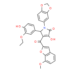 ChemSpider 2D Image | 1-(1,3-Benzodioxol-5-yl)-5-(3-ethoxy-4-hydroxyphenyl)-3-hydroxy-4-[(7-methoxy-1-benzofuran-2-yl)carbonyl]-1,5-dihydro-2H-pyrrol-2-one | C29H23NO9