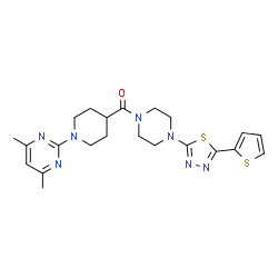 ChemSpider 2D Image | [1-(4,6-Dimethyl-2-pyrimidinyl)-4-piperidinyl]{4-[5-(2-thienyl)-1,3,4-thiadiazol-2-yl]-1-piperazinyl}methanone | C22H27N7OS2