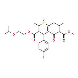 ChemSpider 2D Image | 3-(2-Isopropoxyethyl) 6-methyl 4-(4-fluorophenyl)-2,7-dimethyl-5-oxo-1,4,5,6,7,8-hexahydro-3,6-quinolinedicarboxylate | C25H30FNO6