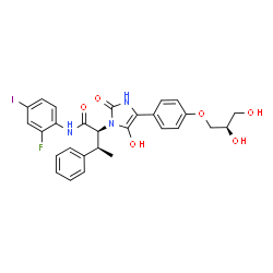 ChemSpider 2D Image | (2S,3S)-2-(4-{4-[(2R)-2,3-Dihydroxypropoxy]phenyl}-5-hydroxy-2-oxo-2,3-dihydro-1H-imidazol-1-yl)-N-(2-fluoro-4-iodophenyl)-3-phenylbutanamide | C28H27FIN3O6