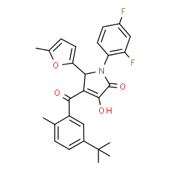 ChemSpider 2D Image | 1-(2,4-Difluorophenyl)-3-hydroxy-5-(5-methyl-2-furyl)-4-[2-methyl-5-(2-methyl-2-propanyl)benzoyl]-1,5-dihydro-2H-pyrrol-2-one | C27H25F2NO4
