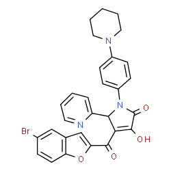 ChemSpider 2D Image | 4-[(5-Bromo-1-benzofuran-2-yl)carbonyl]-3-hydroxy-1-[4-(1-piperidinyl)phenyl]-5-(2-pyridinyl)-1,5-dihydro-2H-pyrrol-2-one | C29H24BrN3O4