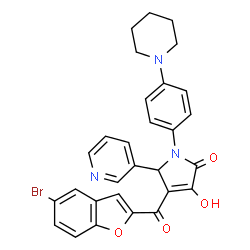 ChemSpider 2D Image | 4-[(5-Bromo-1-benzofuran-2-yl)carbonyl]-3-hydroxy-1-[4-(1-piperidinyl)phenyl]-5-(3-pyridinyl)-1,5-dihydro-2H-pyrrol-2-one | C29H24BrN3O4