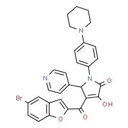 ChemSpider 2D Image | 4-[(5-Bromo-1-benzofuran-2-yl)carbonyl]-3-hydroxy-1-[4-(1-piperidinyl)phenyl]-5-(4-pyridinyl)-1,5-dihydro-2H-pyrrol-2-one | C29H24BrN3O4