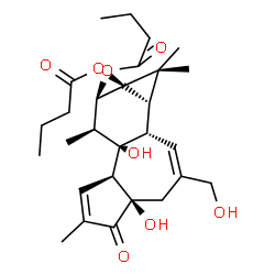 ChemSpider 2D Image | (1bS,4aR,7aS,8S,9R,9aR)-4a,7b-Dihydroxy-3-(hydroxymethyl)-1,1,6,8-tetramethyl-5-oxo-1,1a,1b,4,4a,5,7a,7b,8,9-decahydro-9aH-cyclopropa[3,4]benzo[1,2-e]azulene-9,9a-diyl dibutanoate | C28H40O8