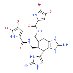 ChemSpider 2D Image | N,N'-{[(4S,5S,6R)-2-Imino-4-(2-imino-2,3-dihydro-1H-imidazol-4-yl)-2,3,4,5,6,7-hexahydro-1H-benzimidazole-5,6-diyl]bis(methylene)}bis(4,5-dibromo-1H-pyrrole-2-carboxamide) | C22H22Br4N10O2