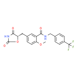 ChemSpider 2D Image | 5-{[(5S)-2,4-Dioxo-1,3-oxazolidin-5-yl]methyl}-2-methoxy-N-[4-(trifluoromethyl)benzyl]benzamide | C20H17F3N2O5