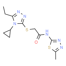 ChemSpider 2D Image | 2-[(4-Cyclopropyl-5-ethyl-4H-1,2,4-triazol-3-yl)sulfanyl]-N-(5-methyl-1,3,4-thiadiazol-2-yl)acetamide | C12H16N6OS2