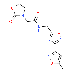 ChemSpider 2D Image | N-{[3-(5-Methyl-1,2-oxazol-3-yl)-1,2,4-oxadiazol-5-yl]methyl}-2-(2-oxo-1,3-oxazolidin-3-yl)acetamide | C12H13N5O5