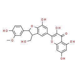 ChemSpider 2D Image | 3,5,7-Trihydroxy-2-[7-hydroxy-2-(4-hydroxy-3-methoxyphenyl)-3-(hydroxymethyl)-2,3-dihydro-1-benzofuran-5-yl]-4H-chromen-4-one | C25H20O10