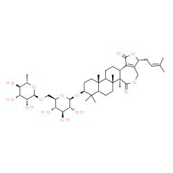 ChemSpider 2D Image | (3R,6aR,6bR,10S,12aR,14aR)-6a,6b,9,9,12a-Pentamethyl-3-(3-methyl-2-buten-1-yl)-1,6-dioxo-4,6,6a,6b,7,8,8a,9,10,11,12,12a,12b,13,14,14a-hexadecahydro-1H,3H-furo[3,4-c]phenanthro[2,1-e]oxepin-10-yl 6-O-
(6-deoxy-alpha-L-mannopyranosyl)-beta-D-glucopyranoside | C42H64O14