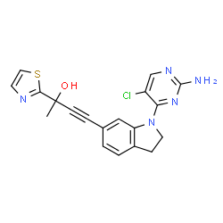 ChemSpider 2D Image | (2R)-4-[1-(2-Amino-5-chloro-4-pyrimidinyl)-2,3-dihydro-1H-indol-6-yl]-2-(1,3-thiazol-2-yl)-3-butyn-2-ol | C19H16ClN5OS