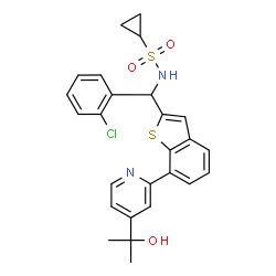 ChemSpider 2D Image | N-[(R)-(2-Chlorophenyl){7-[4-(2-hydroxy-2-propanyl)-2-pyridinyl]-1-benzothiophen-2-yl}methyl]cyclopropanesulfonamide | C26H25ClN2O3S2