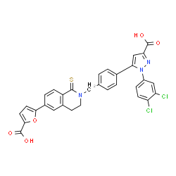 ChemSpider 2D Image | 5-(4-{[6-(5-Carboxy-2-furyl)-1-thioxo-3,4-dihydro-2(1H)-isoquinolinyl]methyl}phenyl)-1-(3,4-dichlorophenyl)-1H-pyrazole-3-carboxylic acid | C31H21Cl2N3O5S