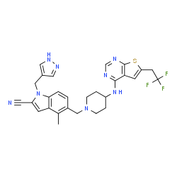 ChemSpider 2D Image | 4-methyl-1-(1H-pyrazol-4-ylmethyl)-5-[(4-{[6-(2,2,2-trifluoroethyl)thieno[2,3-d]pyrimidin-4-yl]amino}piperidin-1-yl)methyl]indole-2-carbonitrile | C28H27F3N8S