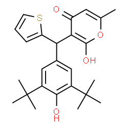 ChemSpider 2D Image | 2-Hydroxy-3-{[4-hydroxy-3,5-bis(2-methyl-2-propanyl)phenyl](2-thienyl)methyl}-6-methyl-4H-pyran-4-one | C25H30O4S