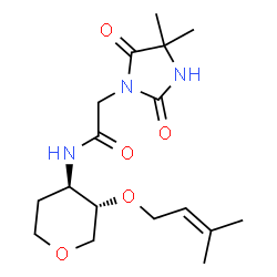 ChemSpider 2D Image | 1,5-Anhydro-2,3-dideoxy-3-{[(4,4-dimethyl-2,5-dioxo-1-imidazolidinyl)acetyl]amino}-4-O-(3-methyl-2-buten-1-yl)-D-threo-pentitol | C17H27N3O5